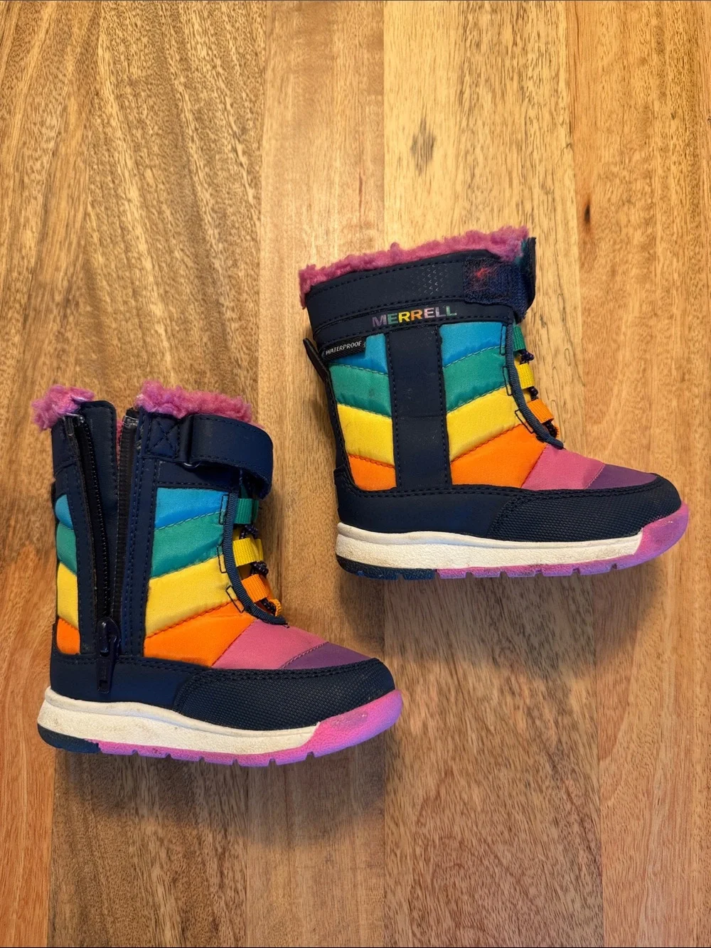 Merrell Kids Navy Rainbow Stripe Snow Boots with Pink Fur Collar